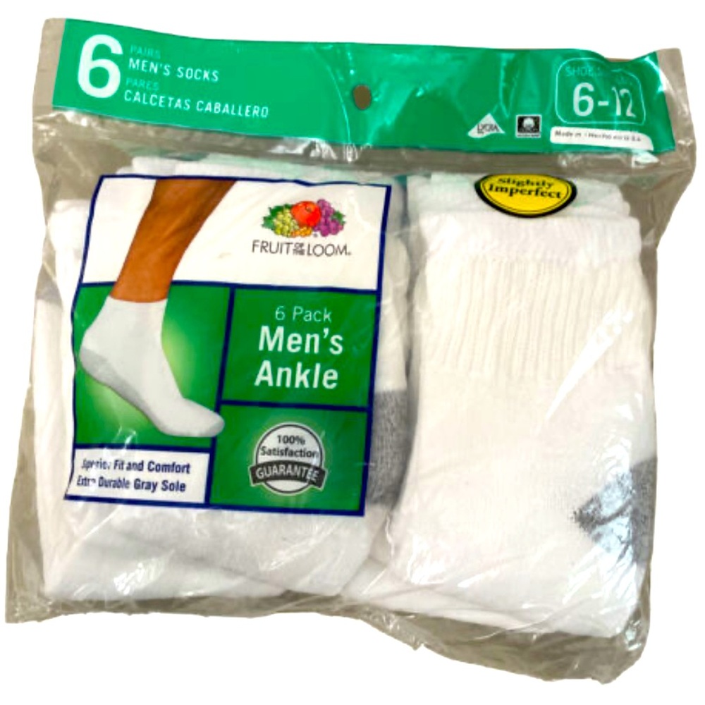 6 Pack Fruit Of The Loom White Fruit of the Loom Men's Ankle Socks - White